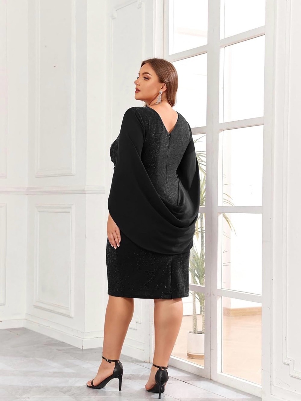 Hanna Nikole, Black Sparkle Cape Sleeve Dress, 20W - Picture 5 of 10